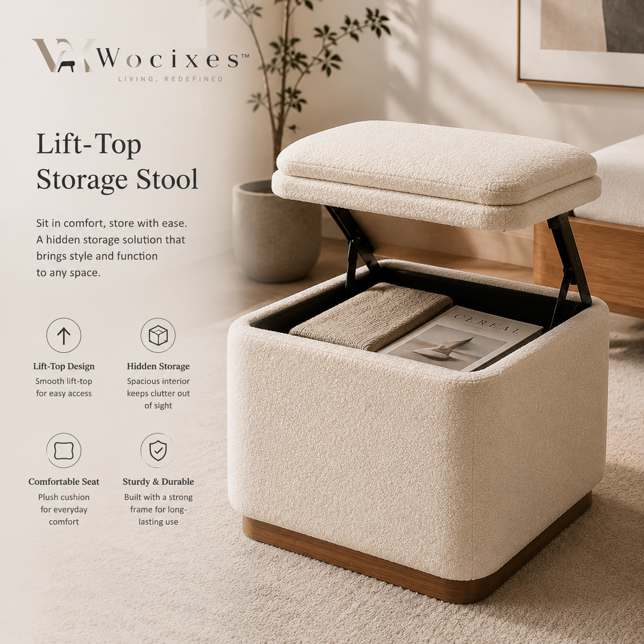 Wocixes™ CloudNest Lift-Top Storage Stool Ottoman