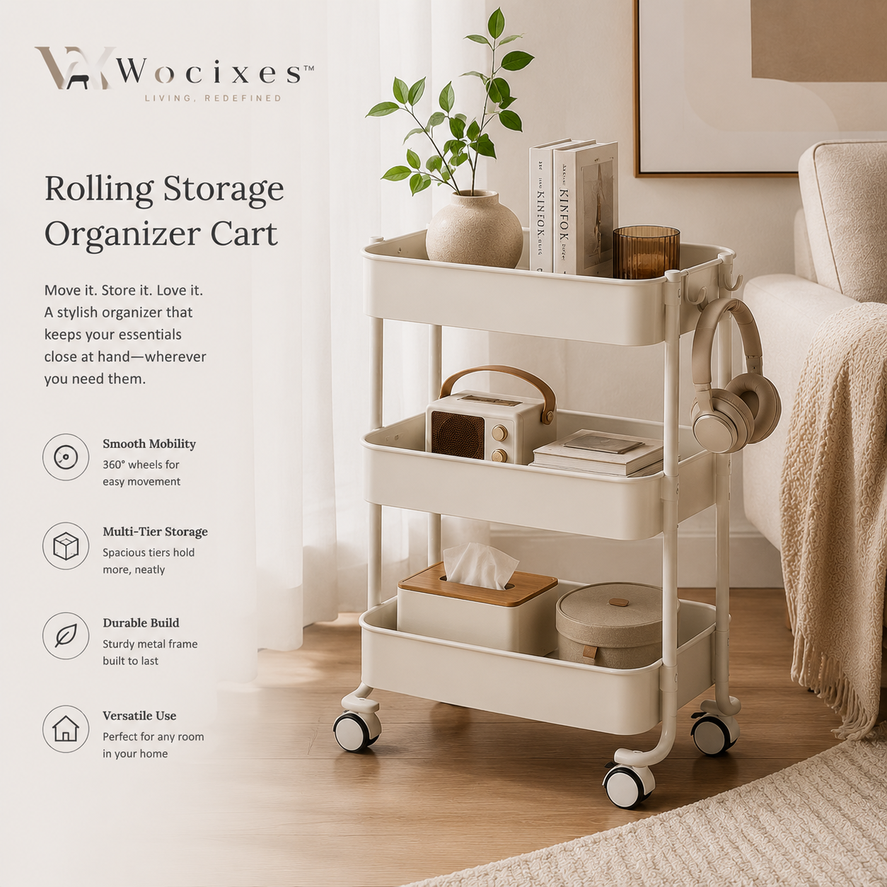 Wocixes™ FlexiMove 3-Tier Rolling Storage Organizer Cart